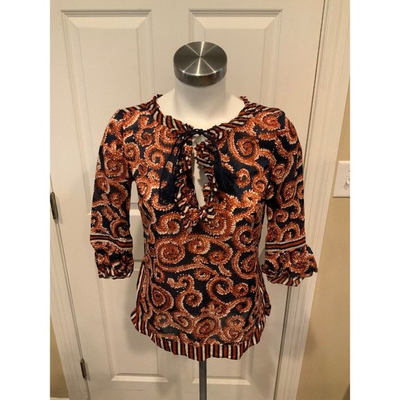 Tory Burch Blue & Orange Paisley Tunic w/Ruffle & Tassel Tie Neck Top, Size 0 - Picture 1 of 6
